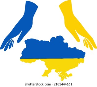 Save Ukraine, no war. Poster with Ukrainian map in Ukrainian flag colors