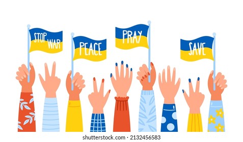Save Ukraine and peace concept with hands holding Ukraine national flag. Childish print for social media, poster and banner design
