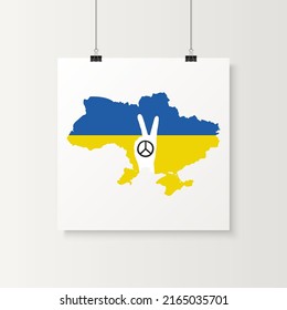 Rettet die Ukraine. Peace Sign Hand Gesture mit ukranischer Karte und Flagge. Symbol der Unterstützung Ukraine. Kein Krieg. Vektorgrafik. Slogan, Ruf nach Frieden in der Ukraine. Hör auf zu Krieg. T-Shirt, Plackard Print