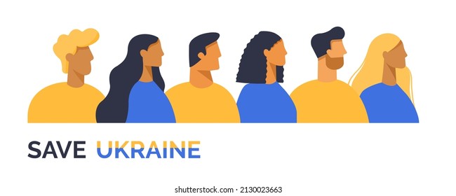 Save Ukraine. People against the war. Vector male and female Ukrainian characters. For peace and freedom. Cartoon illustration i nflat design. 