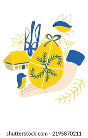 Save Ukraine Postcard, Card. Blue and yellow - colors of Ukranian flag. Ukrainian symbols - Easter Egg, trident