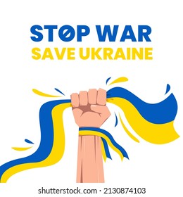 Save Ukraine, Stop War. Background vector illustration of raising hand with Ukraine Flag as demonstration acts for defending ukraine against Russia attacks.