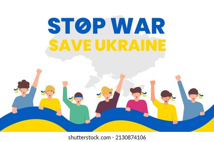 Save Ukraine, Stop War. Background vector illustration of Young people raising hands as demonstration act for defending ukraine against Russia attacks.