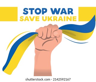 Save Ukraine, Stop War. Background vector illustration of raising hand with Ukraine Flag as demonstration acts for defending ukraine against Russia attacks.