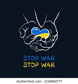 Save Ukraine. Stop war. Heart blue and yellow emblem showing solidarity. Vector graphic illustration on black background