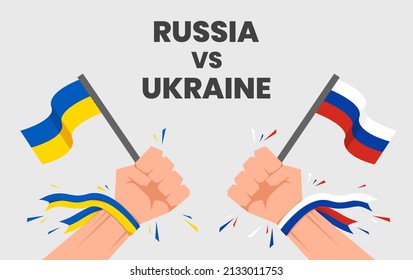 Save Ukraine, Stop War, Russia vs Ukraine. Vector background illustration set of hands with Ukraine and russian Flag as demonstration acts for defending ukraine against Russia attacks.