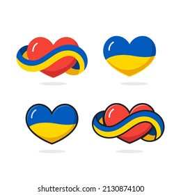 Save Ukraine, Stop War. Vector icon illustration set of heart shape with Ukraine Flag as demonstration acts for defending ukraine against Russia attacks.