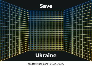  Save Ukraine. Vector illustration with blue and yellow color. Background design with abstract wireframe landscape.