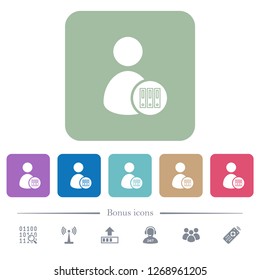 Save user account white flat icons on color rounded square backgrounds. 6 bonus icons included