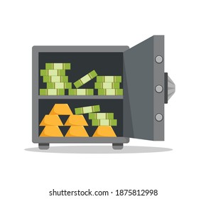 Save vault box full of money vector illustration. Cartoon flat design with bank cash safe deposit. Concept of financial safety, secure savings, cash in vault  isolated.