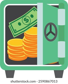 Save vault box full of money vector illustration. Cartoon flat design with bank cash safe deposit. Concept of financial safety, secure savings, cash in vault isolated.