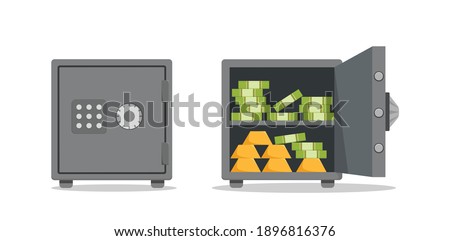 Save vault box full of money vector illustration. Cartoon flat design with bank cash safe deposit. Concept of financial safety, secure savings, cash in vault  isolated.
