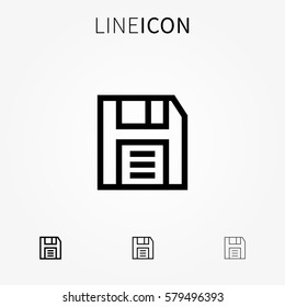 Save vector icon. Outline diskette symbol creative concept. Line art floppy disk pictogram. Thin save web element graphic design.

