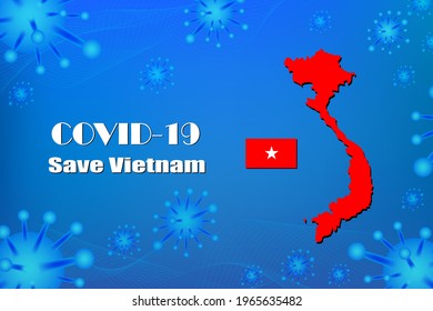 Save Vietnam stop the virus sign. COVID-19 virus cells, coronavirus or bacteria close up, isolated on blue background, Poster Advertisement Flyers Vector Illustration.