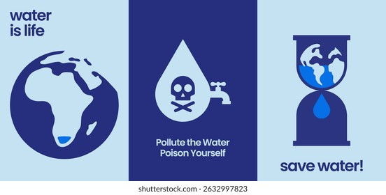 Save water awareness poster highlighting the importance of clean water, global scarcity, and environmental responsibility with bold symbolic illustrations.