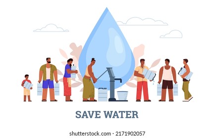 Guarda el cartel de agua con gente en cola bombeando agua potable, ilustración plana vectorial sobre fondo blanco. Escasez de agua y pobreza. Los personajes sedientos esperan agua. Las consecuencias del cambio climático.