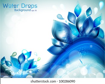 Save water concept. Abstract water background with floral design having splash and glitter effects. EPS 10. Vector illustration.