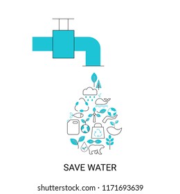 Save water concept. Background with ecology icons.