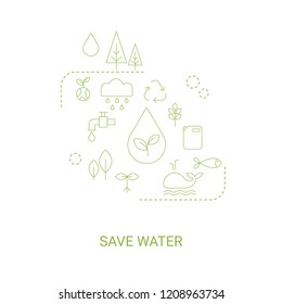 Save water concept. Background with ecology icons.
