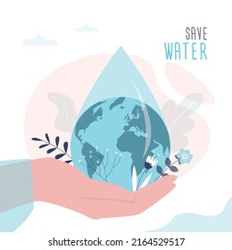 Save water, concept banner. Planet in giant water drop. The problem of ecology and irreplaceable natural resources of planet. Hand holds big drop. Save planet. Flat vector illustration