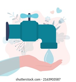 Save water, concept banner. Water tap and large drop. The problem of ecology and irreplaceable natural resources of planet. Hand catches big drop. Flat vector illustration