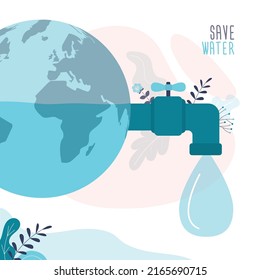 Save water, concept banner. Water tap and large drop. Problems of ecology and irreplaceable natural resources of planet. Sustainable development. Clean water of earth. Flat vector illustration