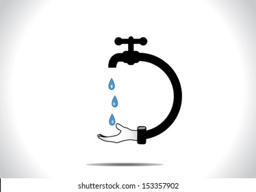 Save water concept design vector illustration art : A human hand holding hand to save blue water droplets falling from a tap or faucet connected to the hand