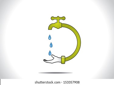 Save water concept design vector illustration art : A human hand holding hand to save blue water droplets falling from a green tap or faucet connected to the hand