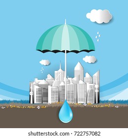 Save water concept design vector and city environment graphic background in paper art style illustration eps 10