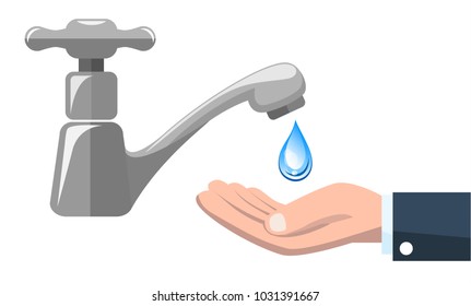 save water concept with drop faucet and holding hand, vector illustration on white background