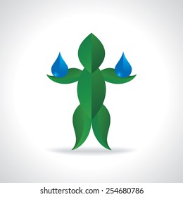 save water concept water drop in green leaf human hand