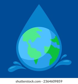 Save water concept. Earth in water drop. Vector illustration in flat style