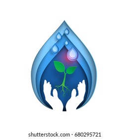 Save water concept with ecological in water drop shape paper art style.Hands holding seedling receive water drop vector illustration.