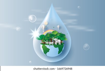 Save water concept of elephants in forest,Creative Origami design world environment and earth day paper cut and craft style.Landscape Wildlife animal with Deer in nature by rainbow and balloons.vector