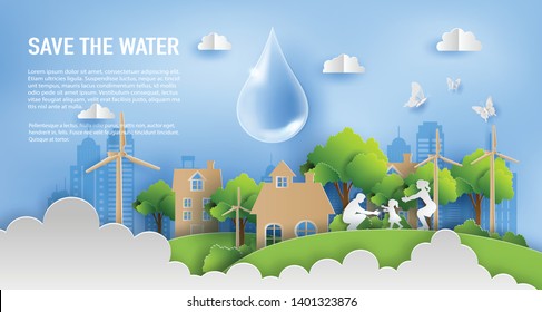 Save Water concept, family enjoy fresh air in the park, paper art and craft style, flat-style vector illustration.