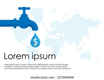 Save water concept. The faucet flows out into money. Isolated on blue world map background. Vector illustrations in flat design. 