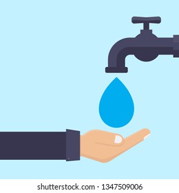 Save water concept, hand hold water droplet on tap, flat design vector illustration