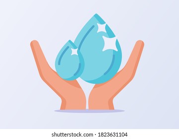 Save the water concept hand hold blue droplet white isolated background with flat style