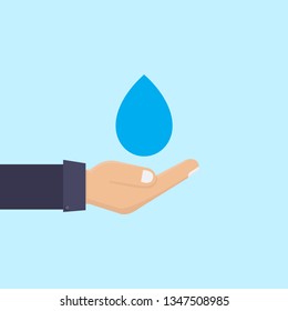 Save water concept, hand holding water, flat design vector illustration