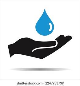 Save The Water Concept. Hand holding drop save water. Water drop with hand logo icon save water on white background.