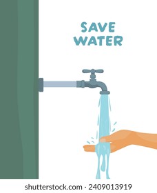 Save water concept with hand holding flowing water from tap to save water