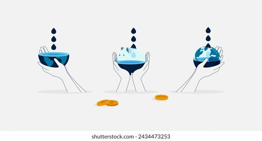 Ahorre el concepto de agua. Mano sosteniendo con una gota de agua. Diseño de conceptos de ecología sostenible y conservación del medio ambiente. Ilustración vectorial.