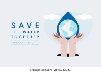 Save Water Concept. Hand holding Earth Globe with drop of water. Sustainable ecology and environment conservation concept design. Vector illustration.