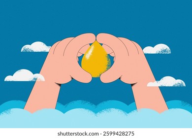 Save Water Concept. Hand holding drop of water. Sustainable ecology and environment conservation concept design. Vector illustration.