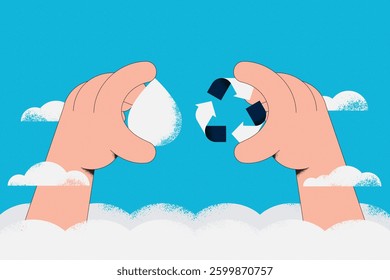 Save Water Concept. Hand holding Recycling symbol and drop of water. Sustainable ecology and environment conservation concept design. Vector illustration.