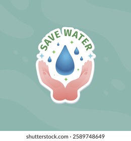 Save water concept with hands cupping water drop. Eco friendly designs, educational materials, environmental campaigns, printed materials, social media posts.
