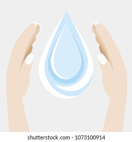 Salvemos el concepto del agua. Manos sosteniendo coloridas caídas salvan agua.