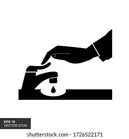 Save water concept. The man closes hand faucet. Shut off the water. Vector illustration flat design. Isolated on background.