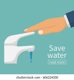 Save water concept. The man closes hand faucet. Shut off the water. Vector illustration flat design. Isolated on background. Care for saving resources.