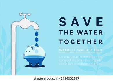 Save Water Concept. Piggy bank with drop of water from faucet. Sustainable ecology and environment conservation concept design. Vector illustration.